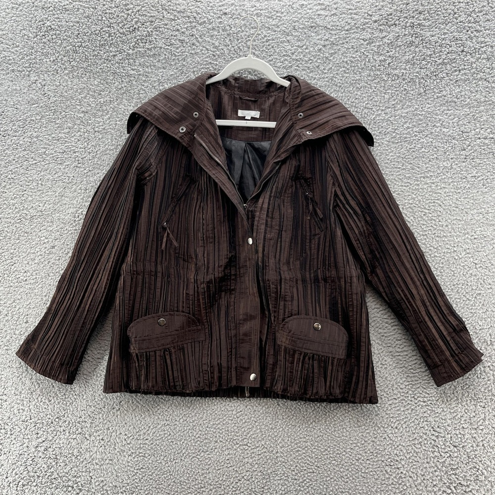 Ubu Jacket Womens XL Brown Pleated Full Zip Crinkle Polyester Pockets Coat